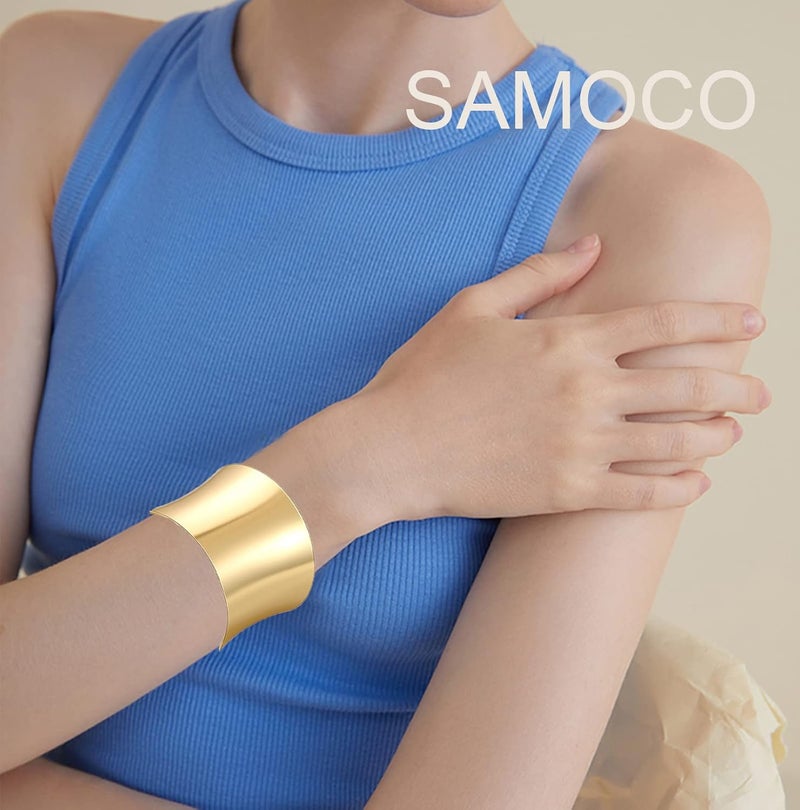 SAMOCO 2Pcs Cuff Bangle Bracelet for Women Cuff Bracelets Open Wide Wire Bracelets Adjustable Tone Wrist Cuff Wrap Bracelet - Image 3